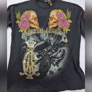 Christian Audigier NWT Rhinestone Skulls & Roses Long Sleeve Black Tee XL